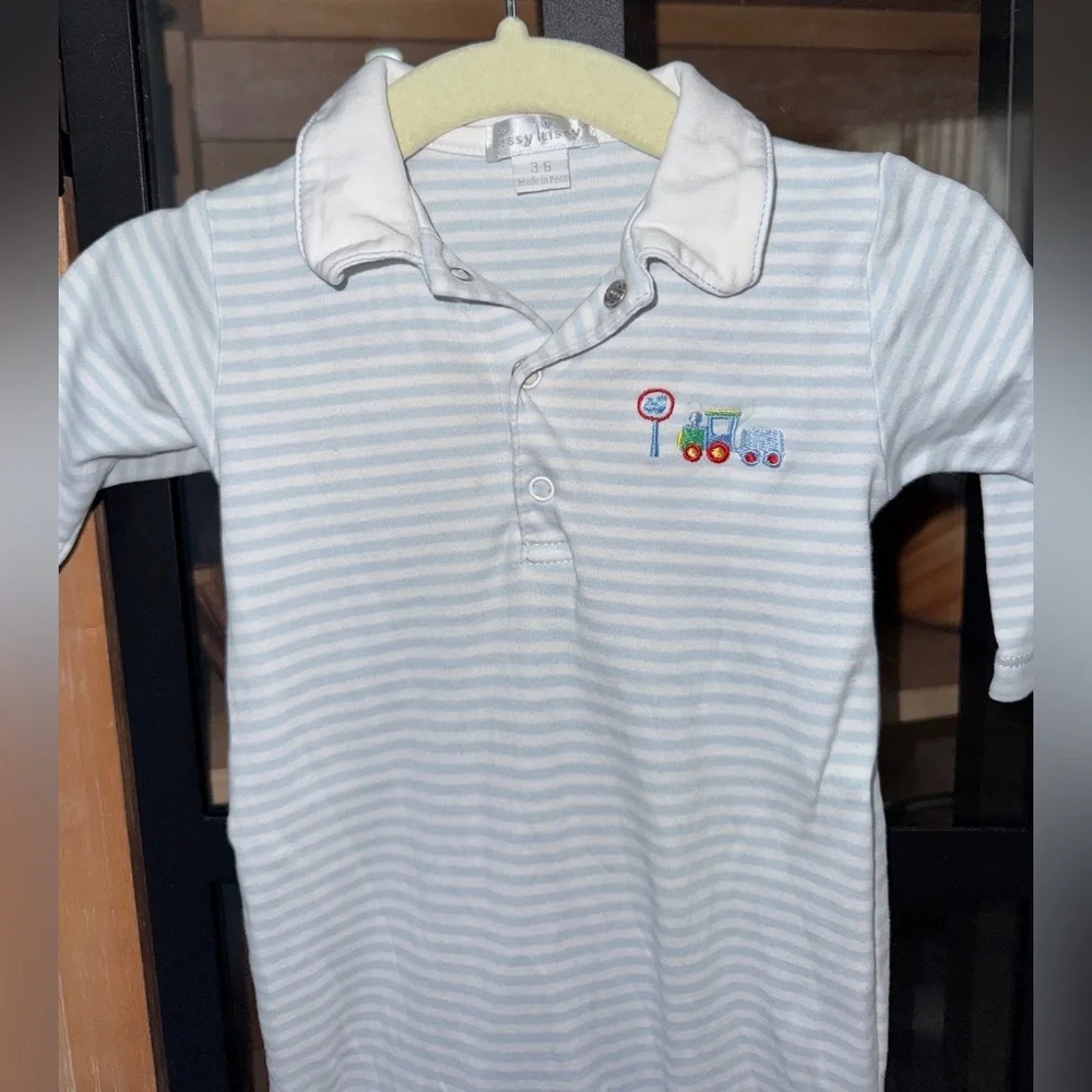 Kissy Kissy embroidered trains coverall henley pima striped collar polo pique
